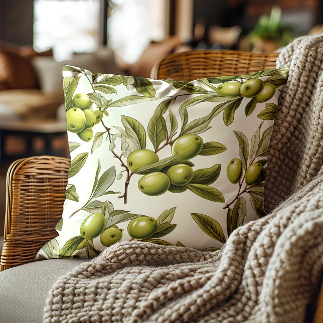 Green Olives Leaves Elegant Botanical  Cushion (Green olives on neutral cream-colored decorator pillow)