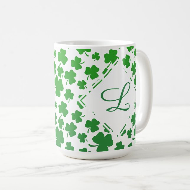 Green Ombre 3-Leaf Clover Shamrock Pattern Coffee Mug (Front Right)