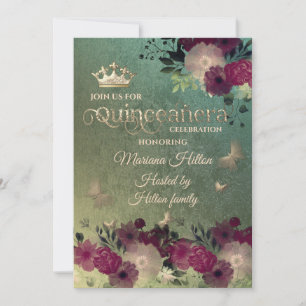 Green ombre butterfly floral garden Quinceañera  Invitation