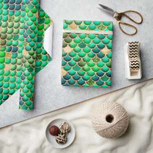 Green Ombre Foil & Gold Glitter Mermaid Scales Wrapping Paper