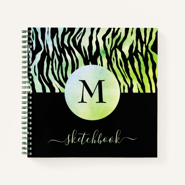 Green Ombre Glam Animal Print Monogram Sketchbook Notebook (Front)