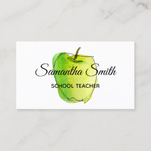 Green Ombre Watercolor Apple School Teacher Business Card