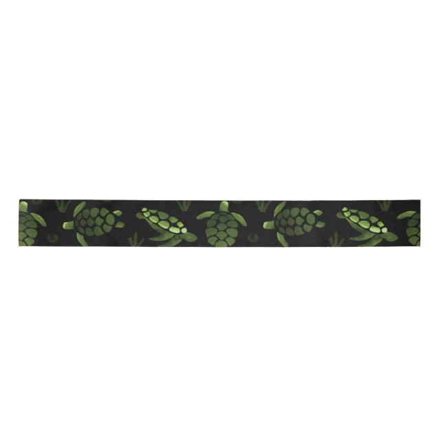 Green Ombre Watercolor Sea Turtle Print Satin Ribbon (Front)