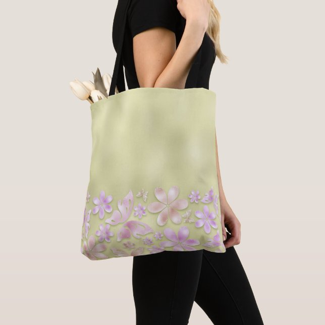 GREEN OMBRE WITH PINK BUTTERFLIES & FLOWERS TOTE BAG (Close Up)