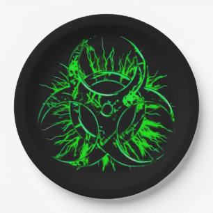 Green on black biohazard toxic warning sign symbol paper plate
