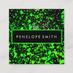 Green on Black Paint Splatter   Square Business Card