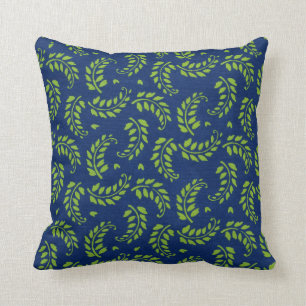 Green on Blue Leaves Fern Fronds Throw Pillow