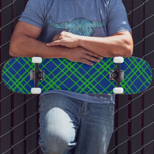 Green On Blue Tartan Plaid Pattern Design  Skateboard (Creator Uploaded)