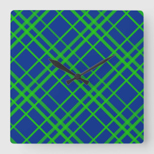 Green On Blue Tartan Plaid Pattern Design Square Wall Clock