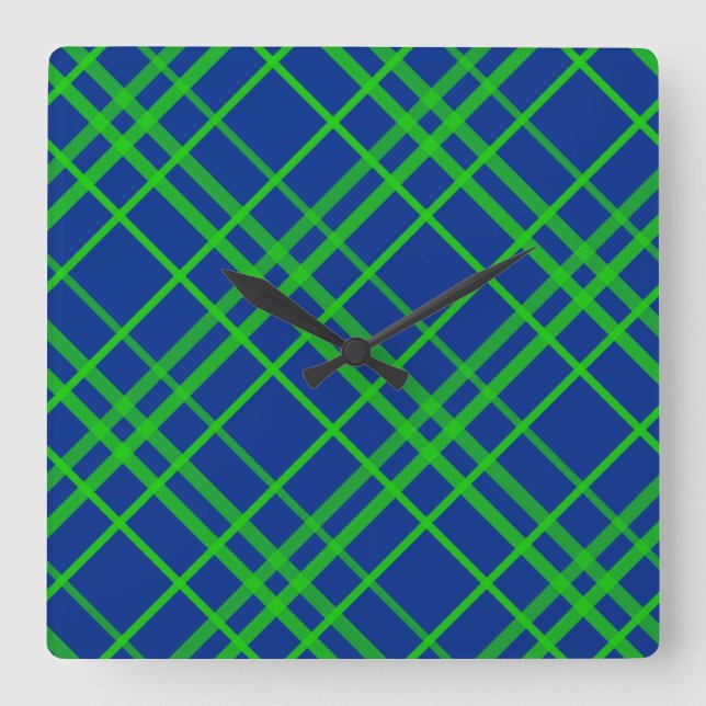 Green On Blue Tartan Plaid Pattern Design  Square Wall Clock (Front)