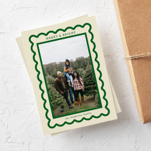 Green on Cream Simple Scallop Photo Frame Holiday Card