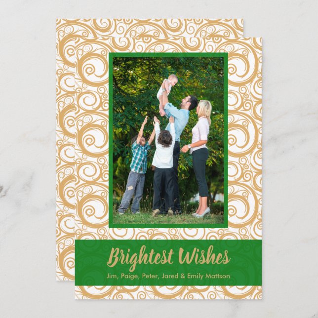 Green on Gold Swirls Christmas Photo Card (Front/Back)