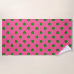 Green On Pink Polka Dots Pattern Design Beach Towel