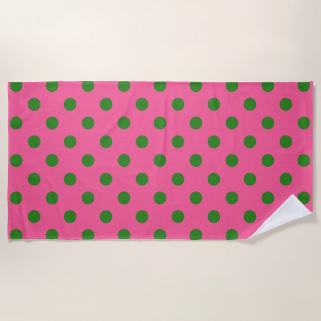 Green On Pink Polka Dots Pattern Design Beach Towel (Front)
