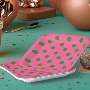Green On Pink Polka Dots Pattern Design Paper Plate