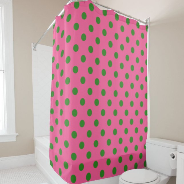 Green On Pink Polka Dots Pattern Design Shower Curtain (Creator Uploaded)