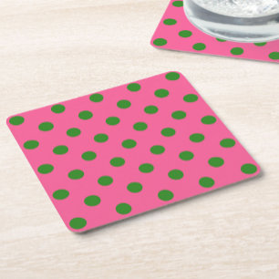 Green On Pink Polka Dots Pattern Design Square Paper Coaster