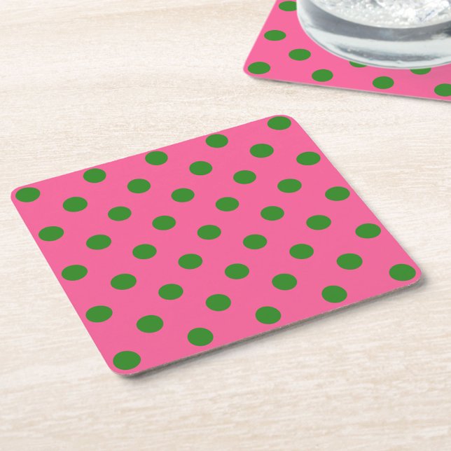 Green On Pink Polka Dots Pattern Design Square Paper Coaster (Creator Uploaded)