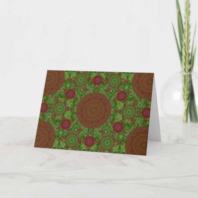 Green on Red Chile Mandala Array Christmas Card (Front)