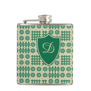 Green on Taupe Welsh Tapestry Monogram Hip Flask