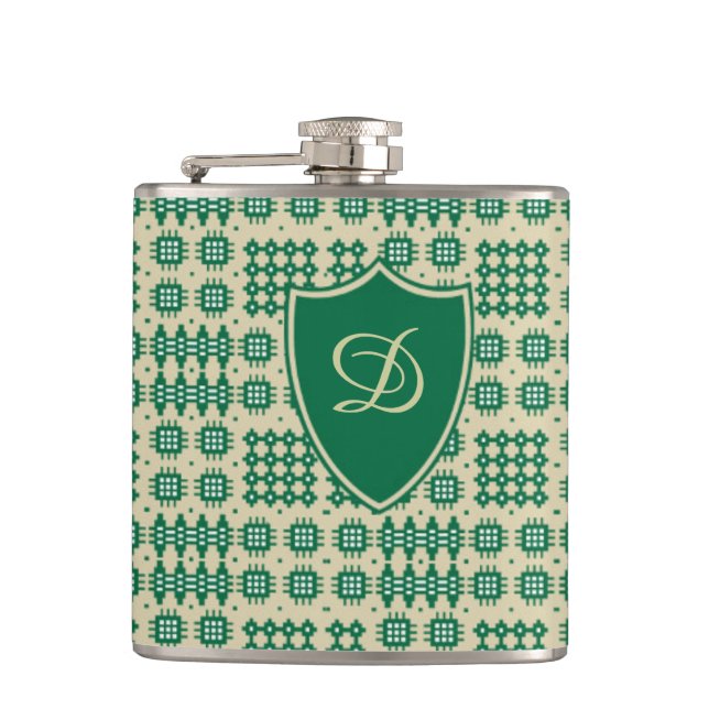 Green on Taupe Welsh Tapestry Monogram Hip Flask (Front)