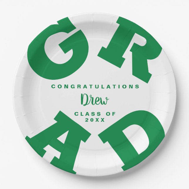 Green on White Customised Bold Grad Paper Plate (Front)