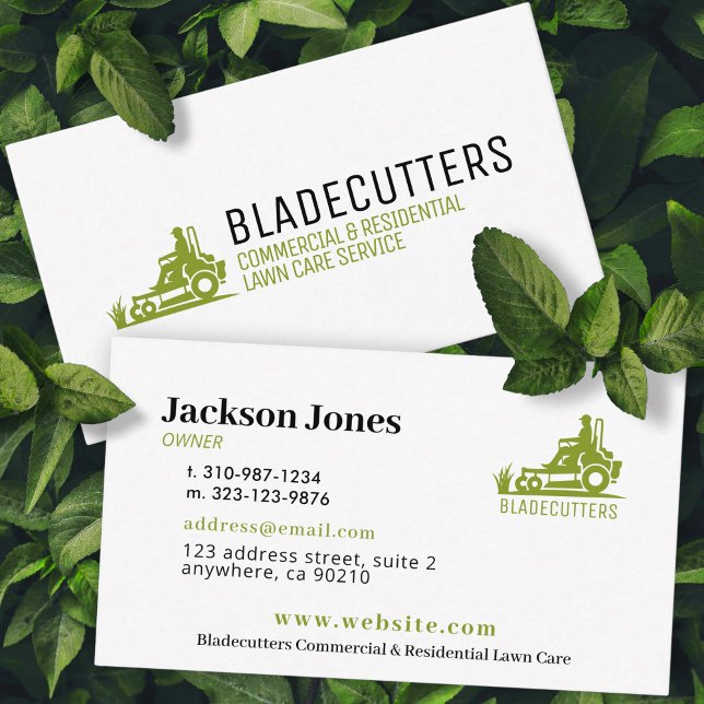 Green on White Lawn Care + Mowing Business Cards (Creator Uploaded)