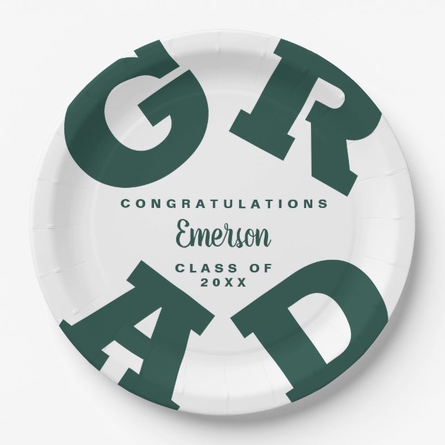 Green on White Personalised Graduation Party Paper Plate (Front)