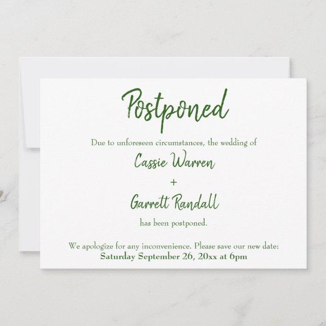 Green on White Postponed Wedding Announcement (Front)