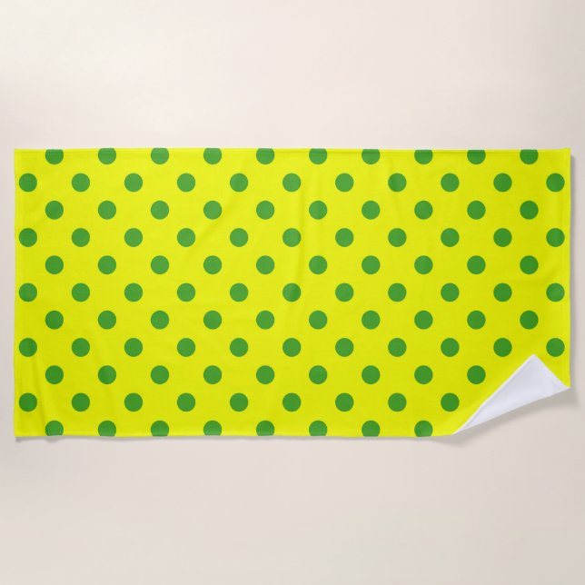 Green On Yellow Polka Dots Pattern Design  Beach Towel (Front)