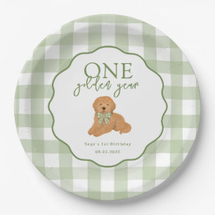 Green One Golden Year Goldendoodle 1st Birthday Paper Plate