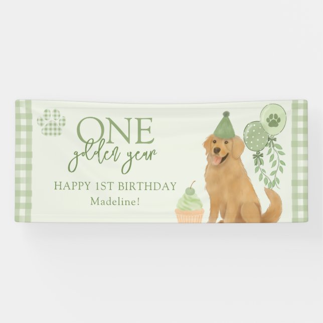 Green One Golden Year Retriever Puppy 1st Birthday Banner (Horizontal)