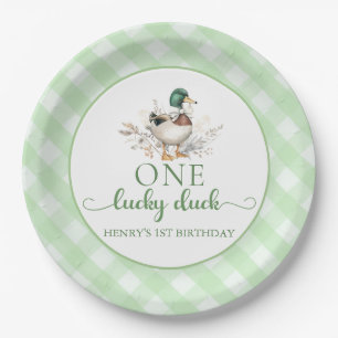 Green One Lucky Duck 1st Birthday Paper Plates 