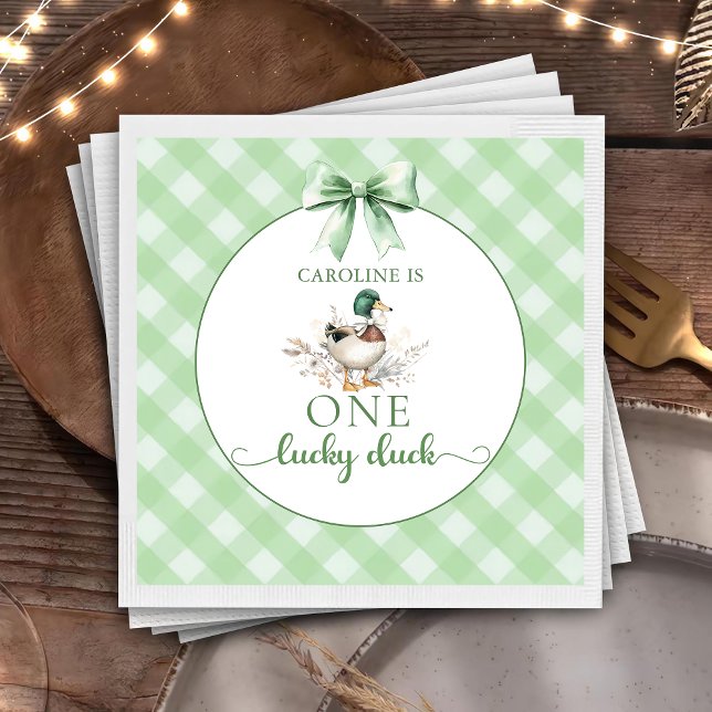 Green One Lucky Duck Boy 1st Birthday Napkins (Creator Uploaded)