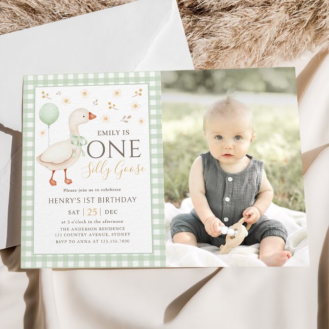 Green One Silly Goose 1st Birthday Photo Invitation (Creator Uploaded)