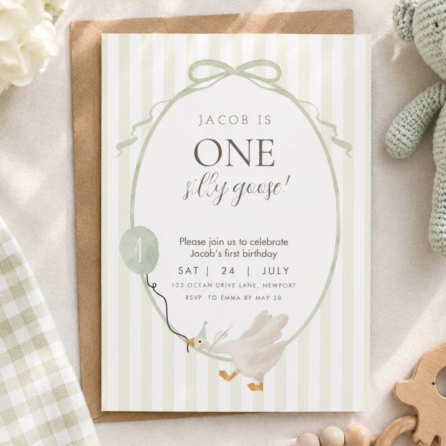 Green One Silly Goose First Birthday Invitation  (Creator Uploaded)