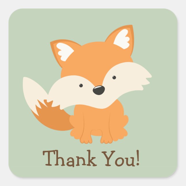 Green & Orange Baby Fox Thank You Square Sticker (Front)