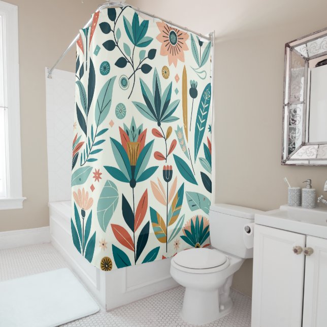 Green Orange Bold Modern Floral Print Pattern Shower Curtain (In Situ)