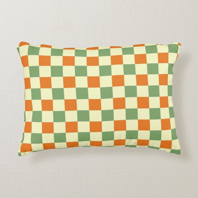 Green Orange Brown Chequered Gingham Pattern Decorative Cushion (Front)