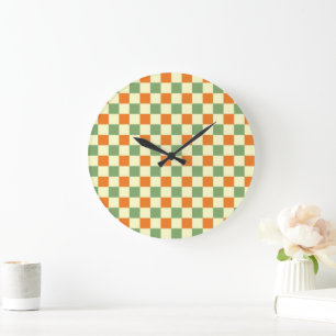 Green Orange Brown Chequered Gingham Pattern Large Clock