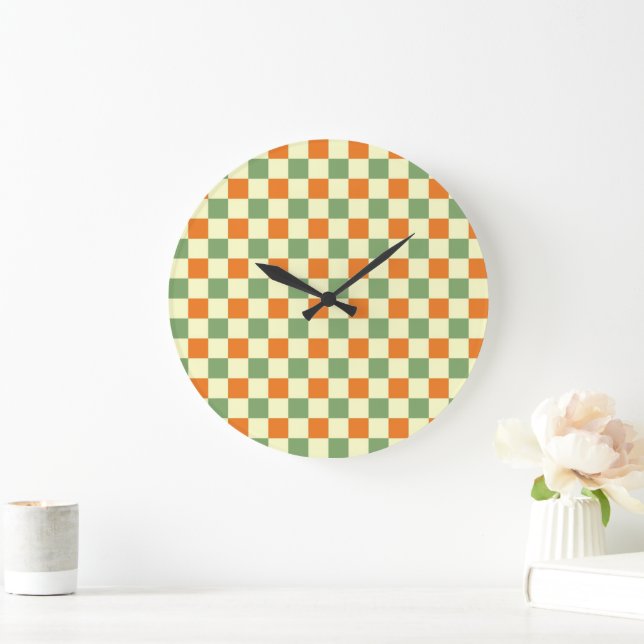 Green Orange Brown Chequered Gingham Pattern Large Clock (Home)