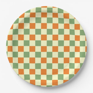 Green Orange Brown Chequered Gingham Pattern Paper Plate