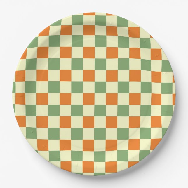 Green Orange Brown Chequered Gingham Pattern Paper Plate (Front)