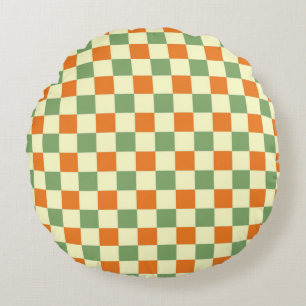 Green Orange Brown Chequered Gingham Pattern Round Cushion