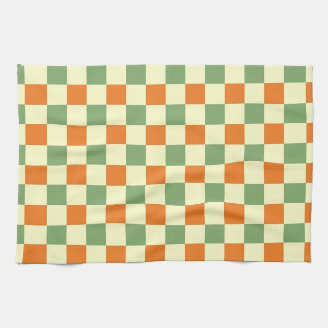 Green Orange Brown Chequered Gingham Pattern Tea Towel (Horizontal)