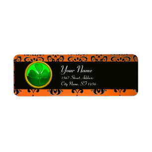 GREEN ORANGE DAMASK WITH SHAMROCK ,black Return Address Label