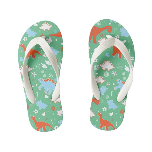 Green Orange Dinosaur Pattern Kid's Thongs (Footbed)