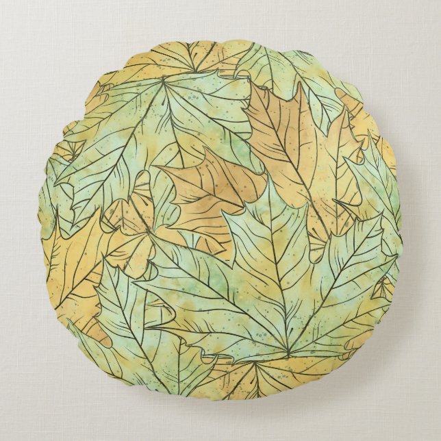 GREEN & ORANGE FALL LEAVES ROUND CUSHION (Front)