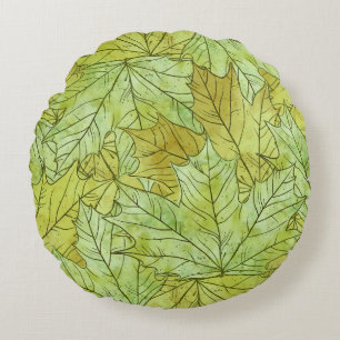 GREEN & ORANGE FALL LEAVES ROUND CUSHION