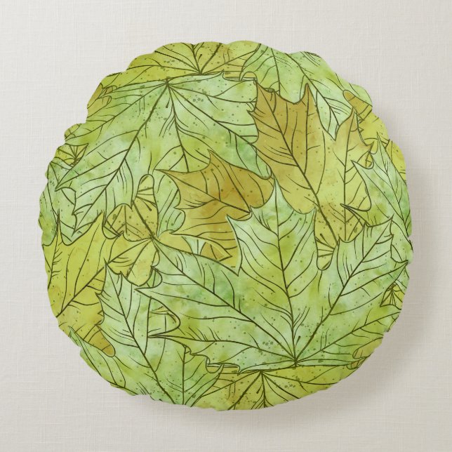 GREEN & ORANGE FALL LEAVES ROUND CUSHION (Front)